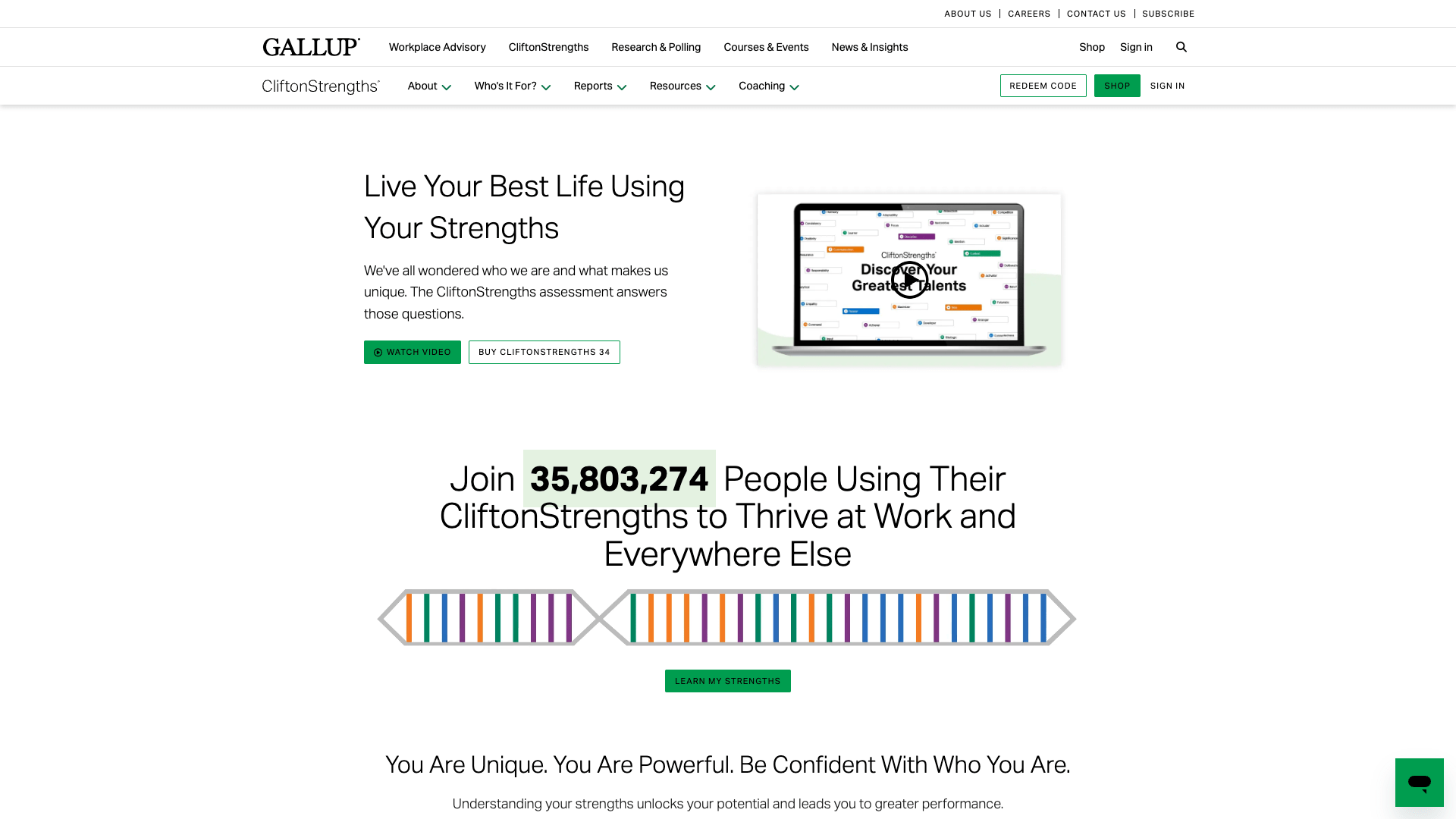 A screenshot of the CliftonStrengths landing page